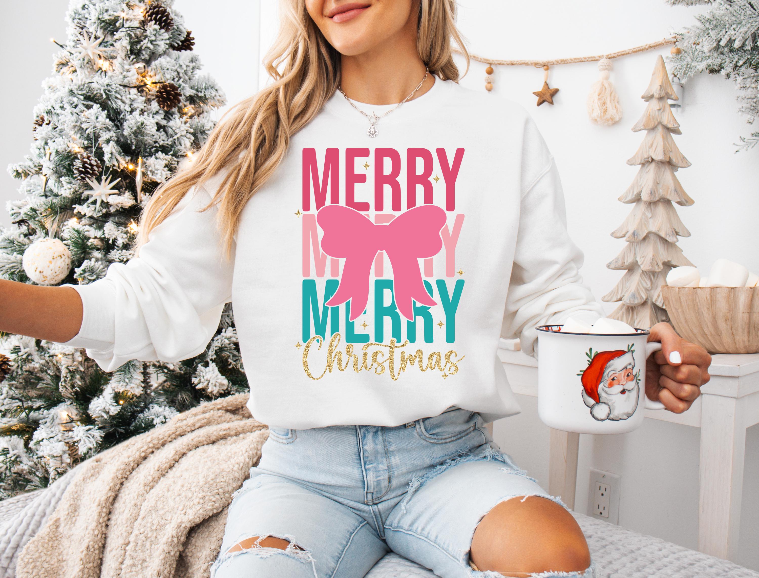 Merry Christmas Shirt Coquette Christmas Shirt, Pastel Christmas Pink Christmas Christmas Tree Christmas Sweatshirt Cute Christmas Shirt