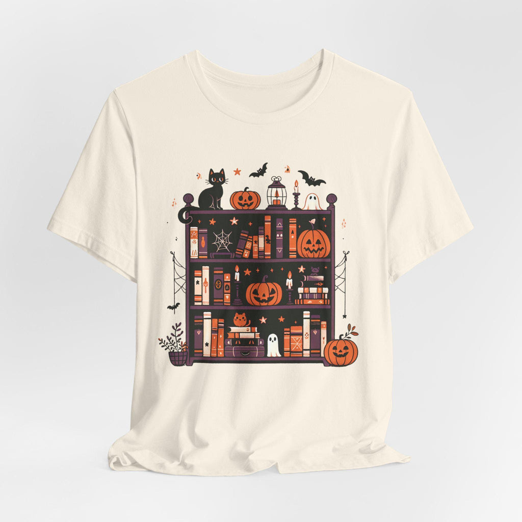 Halloween Bookshelf Tee, Spooky Vintage Graphic Shirt, Cute Witchy T-shirt, Minimalist Halloween Top, Unisex Jersey Short Sleeve Tee, Creepy