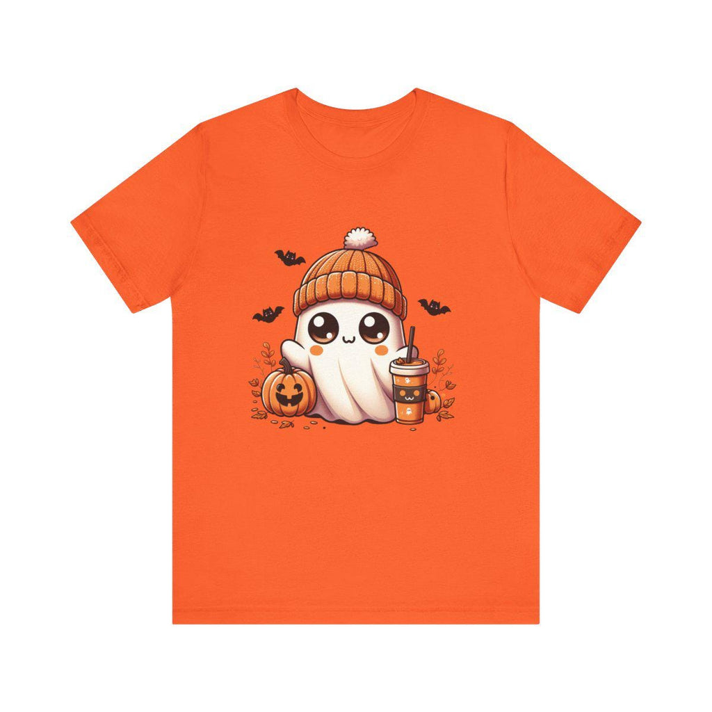 Kawaii Halloween Ghost Tee, Cute Orange Beanie Pumpkin Spice T-shirt, Soft Cozy Autumn Shirt, Whimsical Fall Graphic Top, Spooky