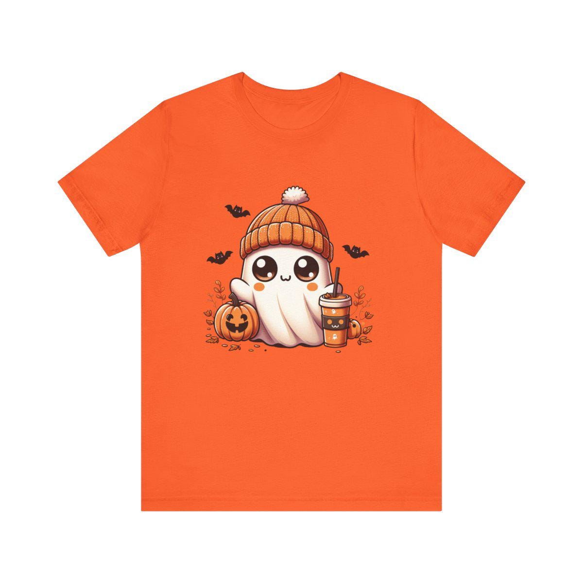Kawaii Halloween Ghost Tee, Cute Orange Beanie Pumpkin Spice T-shirt, Soft Cozy Autumn Shirt, Whimsical Fall Graphic Top, Spooky
