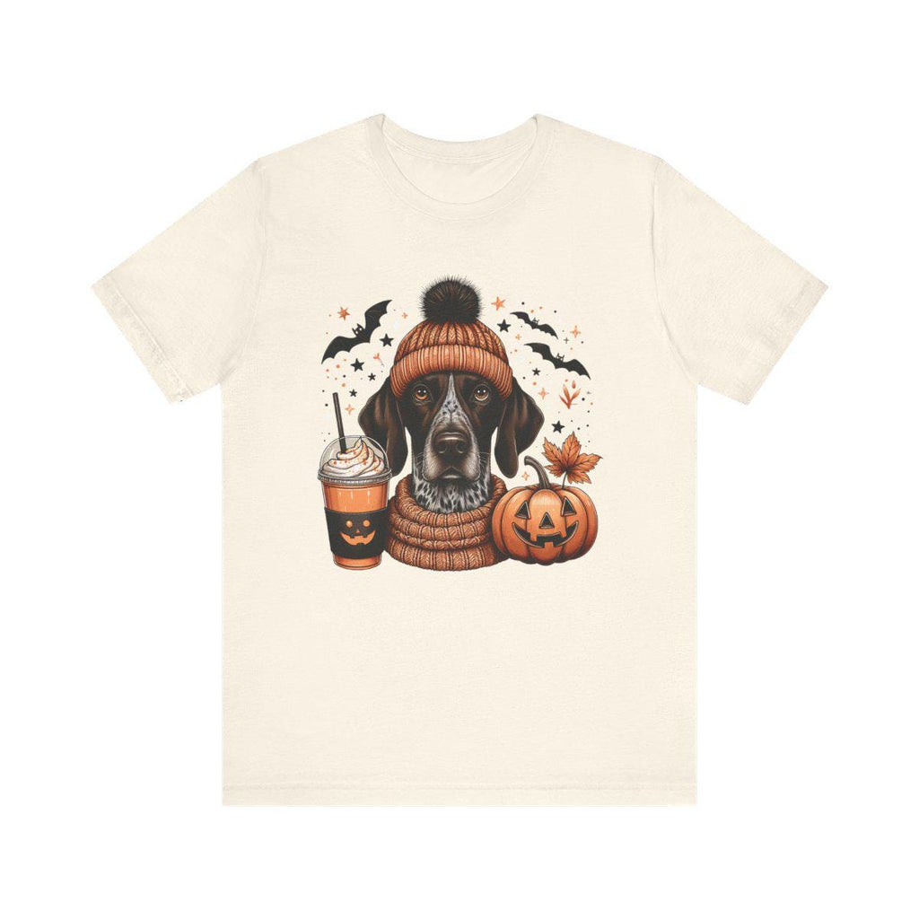 German Shorthaired Pointer Dog GSP Halloween Tee, Cute Dog in Beanie with Pumpkin Spice Drink, Unisex Jersey Shirt, Halloween T-Shirt