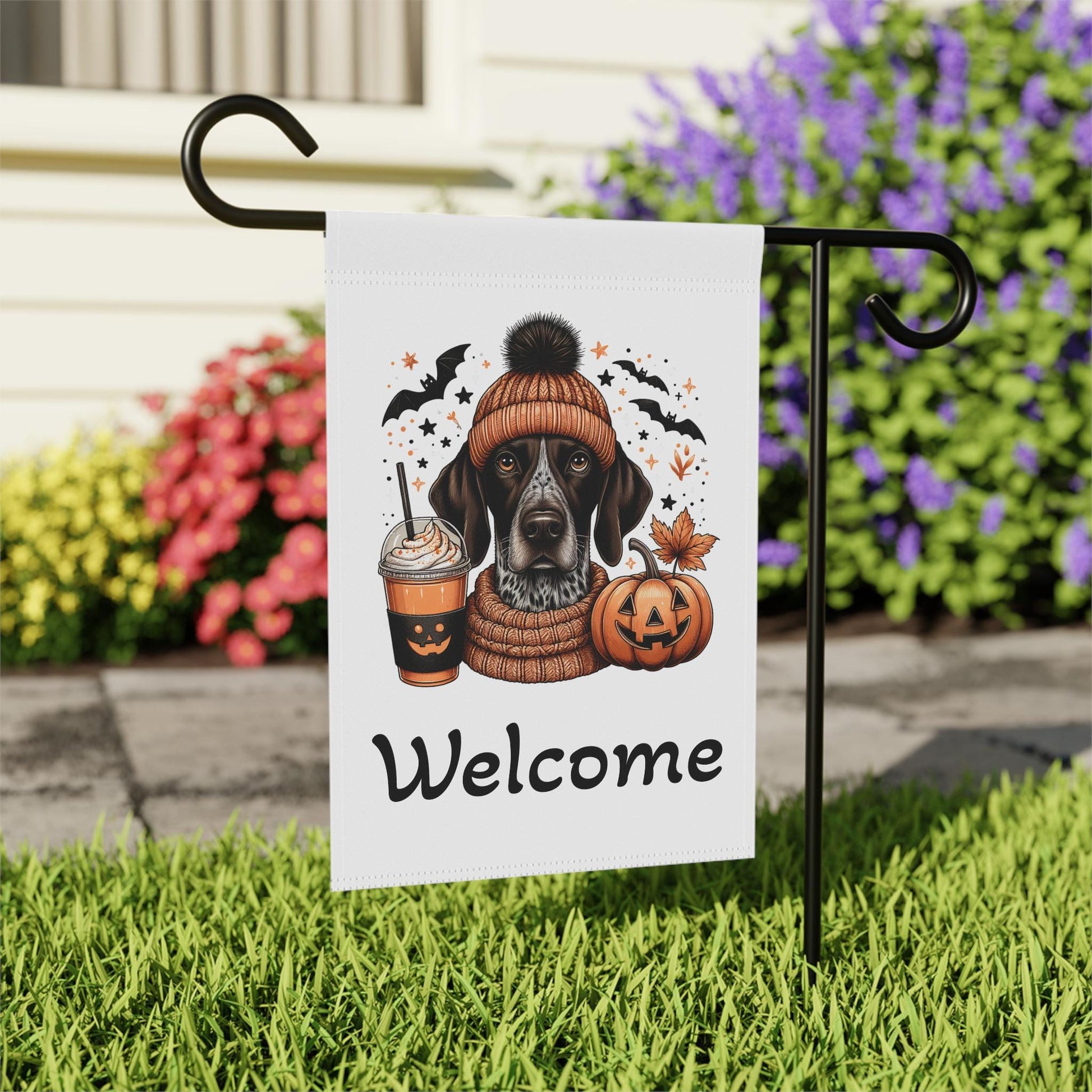 Outdoor Flag, German Shorthaired Pointer Dog GSP Halloween Banner, Cute Dog in Beanie with Pumpkin Spice Drink, Garden House Decor