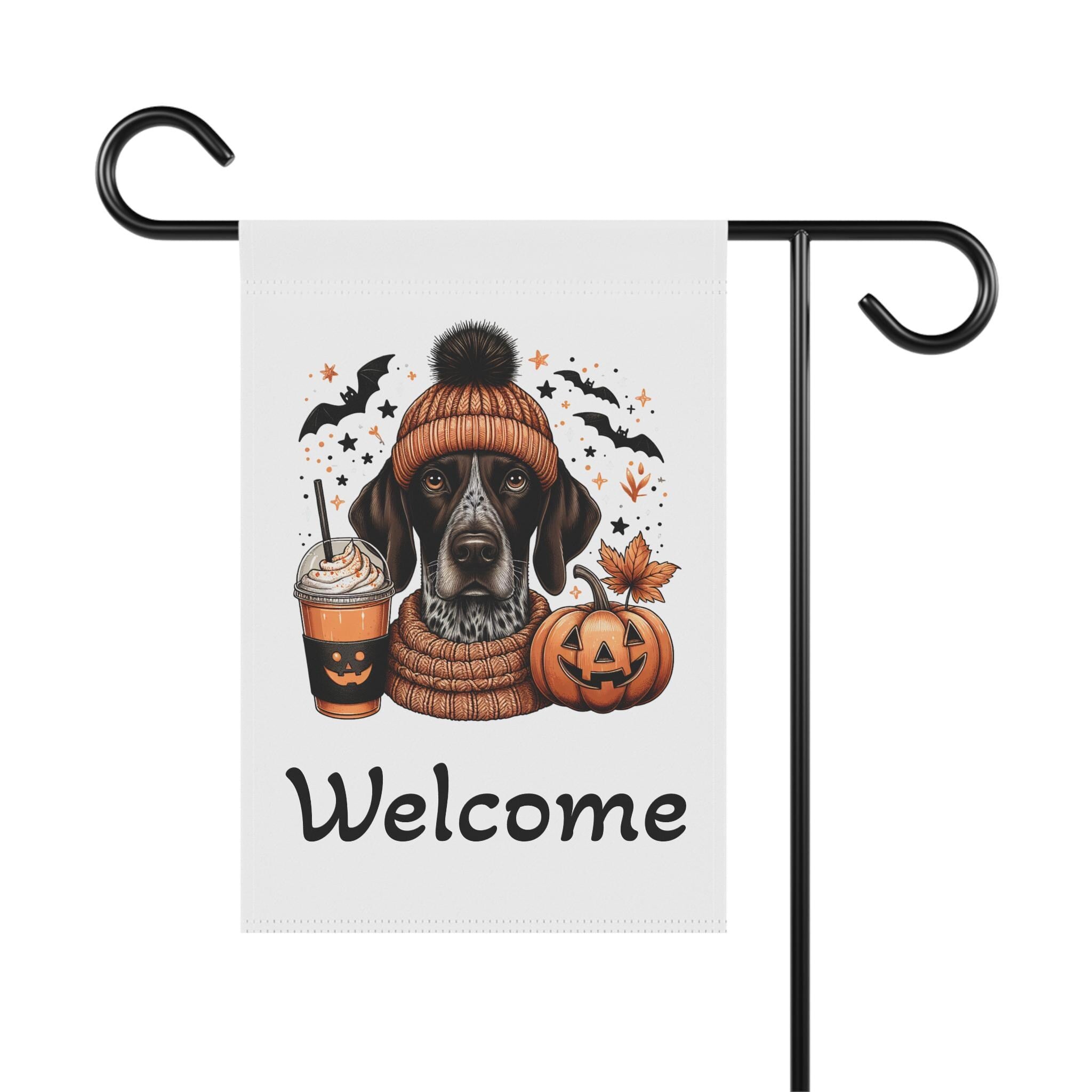 Outdoor Flag, German Shorthaired Pointer Dog GSP Halloween Banner, Cute Dog in Beanie with Pumpkin Spice Drink, Garden House Decor