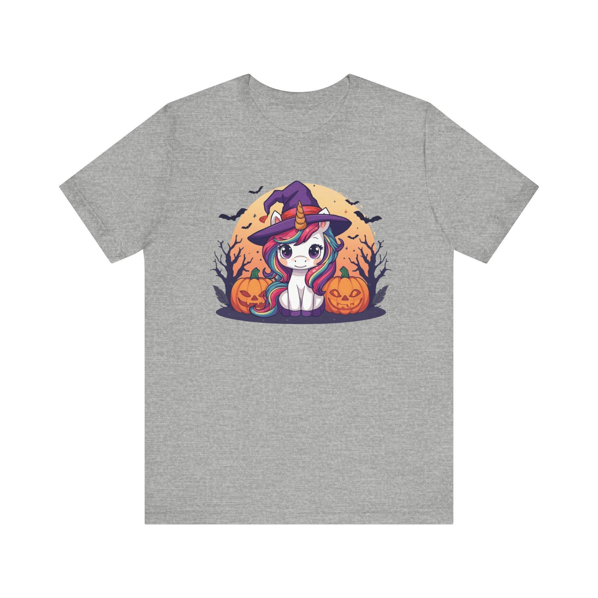 Kawaii Halloween Unicorn T-Shirt, Rainbow Mane Witch Hat Tee, Spooky Trees Jack-o-lanterns, Cute Cartoon Graphic