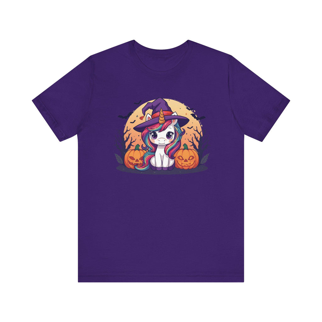 Kawaii Halloween Unicorn T-Shirt, Rainbow Mane Witch Hat Tee, Spooky Trees Jack-o-lanterns, Cute Cartoon Graphic