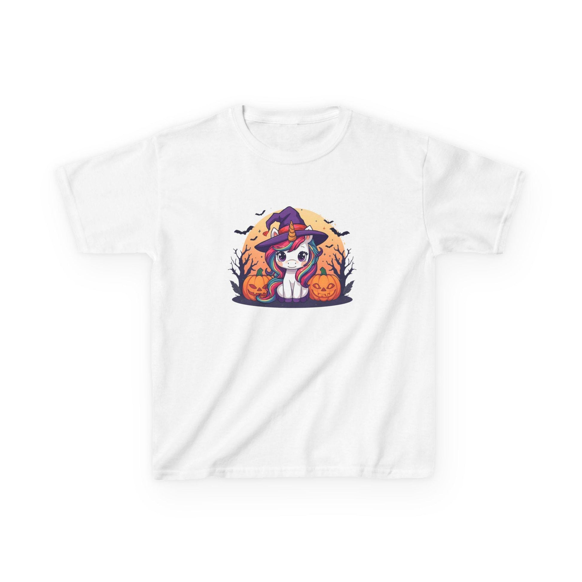 Kawaii Halloween Unicorn Kids T-Shirt, Rainbow Mane Witch Hat Tee, Spooky Trees Jack-o-lanterns, Cute Cartoon Graphic
