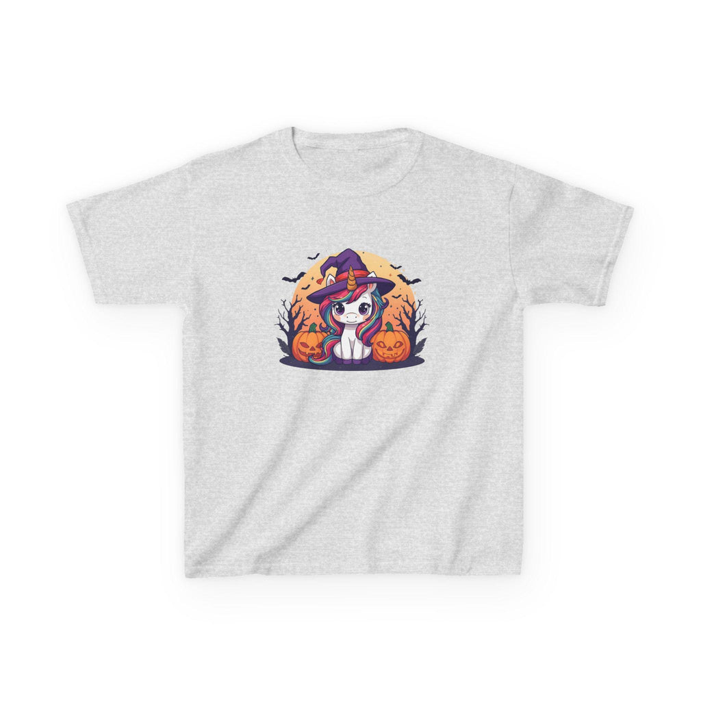 Kawaii Halloween Unicorn Kids T-Shirt, Rainbow Mane Witch Hat Tee, Spooky Trees Jack-o-lanterns, Cute Cartoon Graphic