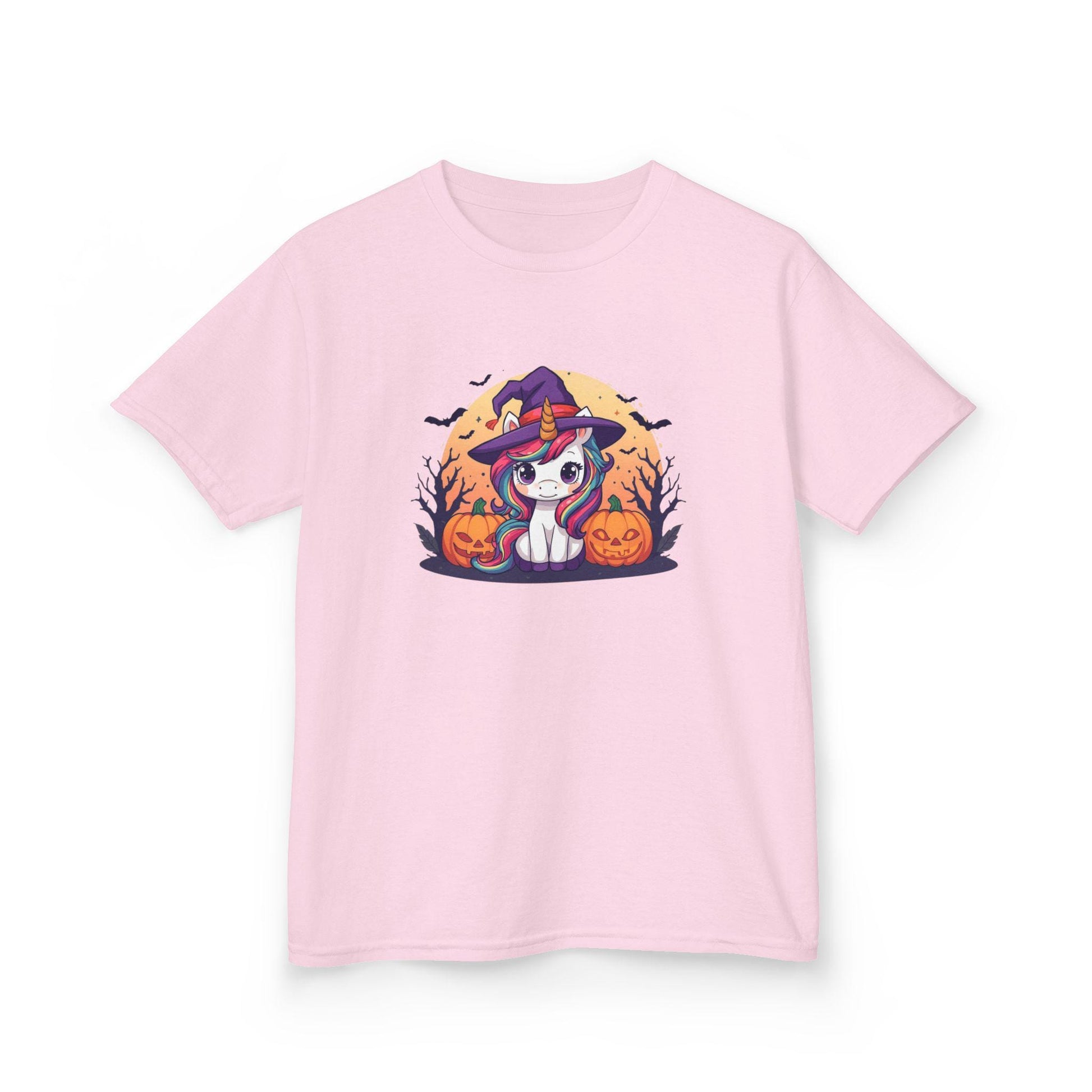 Kawaii Halloween Unicorn Kids T-Shirt, Rainbow Mane Witch Hat Tee, Spooky Trees Jack-o-lanterns, Cute Cartoon Graphic