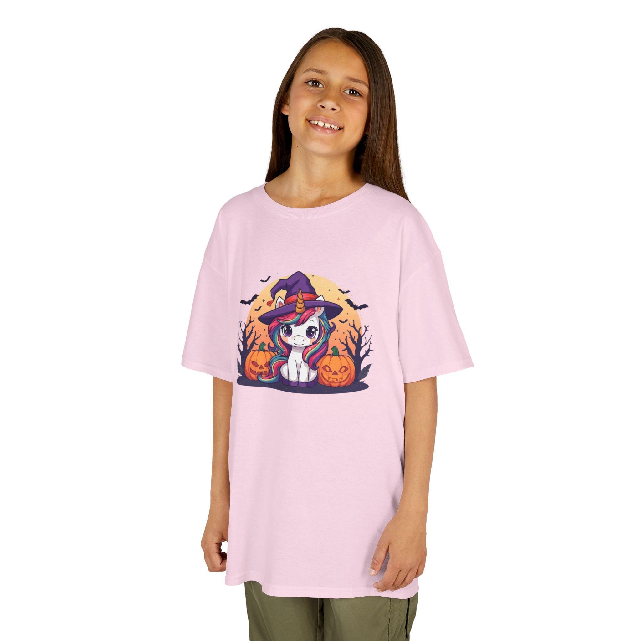 Kawaii Halloween Unicorn Kids T-Shirt, Rainbow Mane Witch Hat Tee, Spooky Trees Jack-o-lanterns, Cute Cartoon Graphic