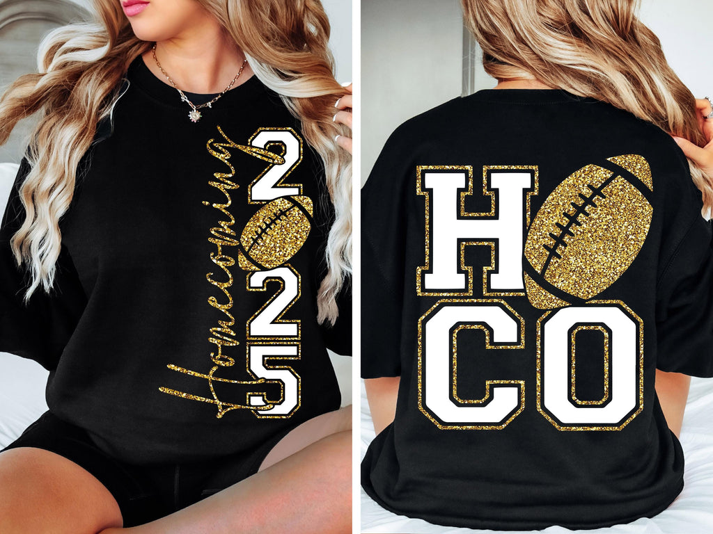 Homecoming 2025 Unisex Tee, High School Football Fan Shirt, Hoco Faux Gold Glitter Top, Homecoming Tee Men Women, Team Spirit Apparel