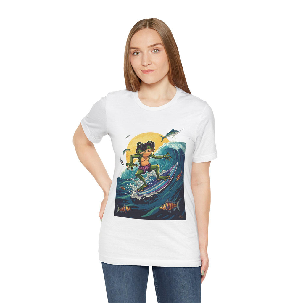 Frog Surfing Tee, Cool Frog Riding Manta Ray Wave Shirt, Fun Cartoon Animal Top, Unisex Beach Graphic T-Shirt, Ocean Lover Gift, Surfing