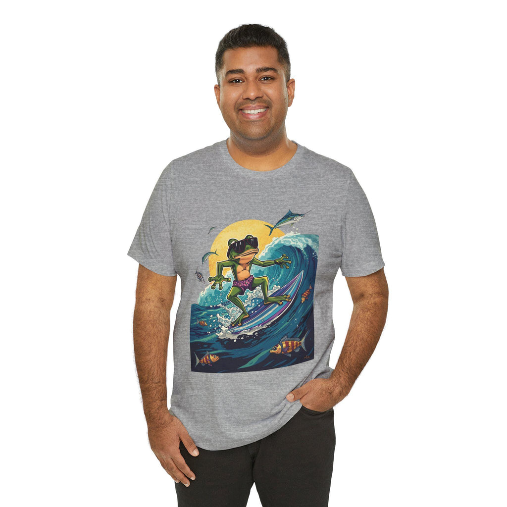 Frog Surfing Tee, Cool Frog Riding Manta Ray Wave Shirt, Fun Cartoon Animal Top, Unisex Beach Graphic T-Shirt, Ocean Lover Gift, Surfing