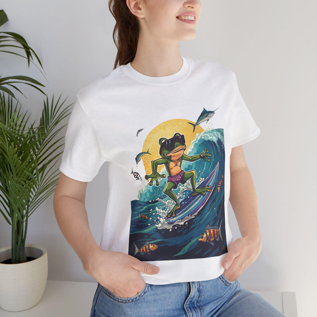 Frog Surfing Tee, Cool Frog Riding Manta Ray Wave Shirt, Fun Cartoon Animal Top, Unisex Beach Graphic T-Shirt, Ocean Lover Gift, Surfing