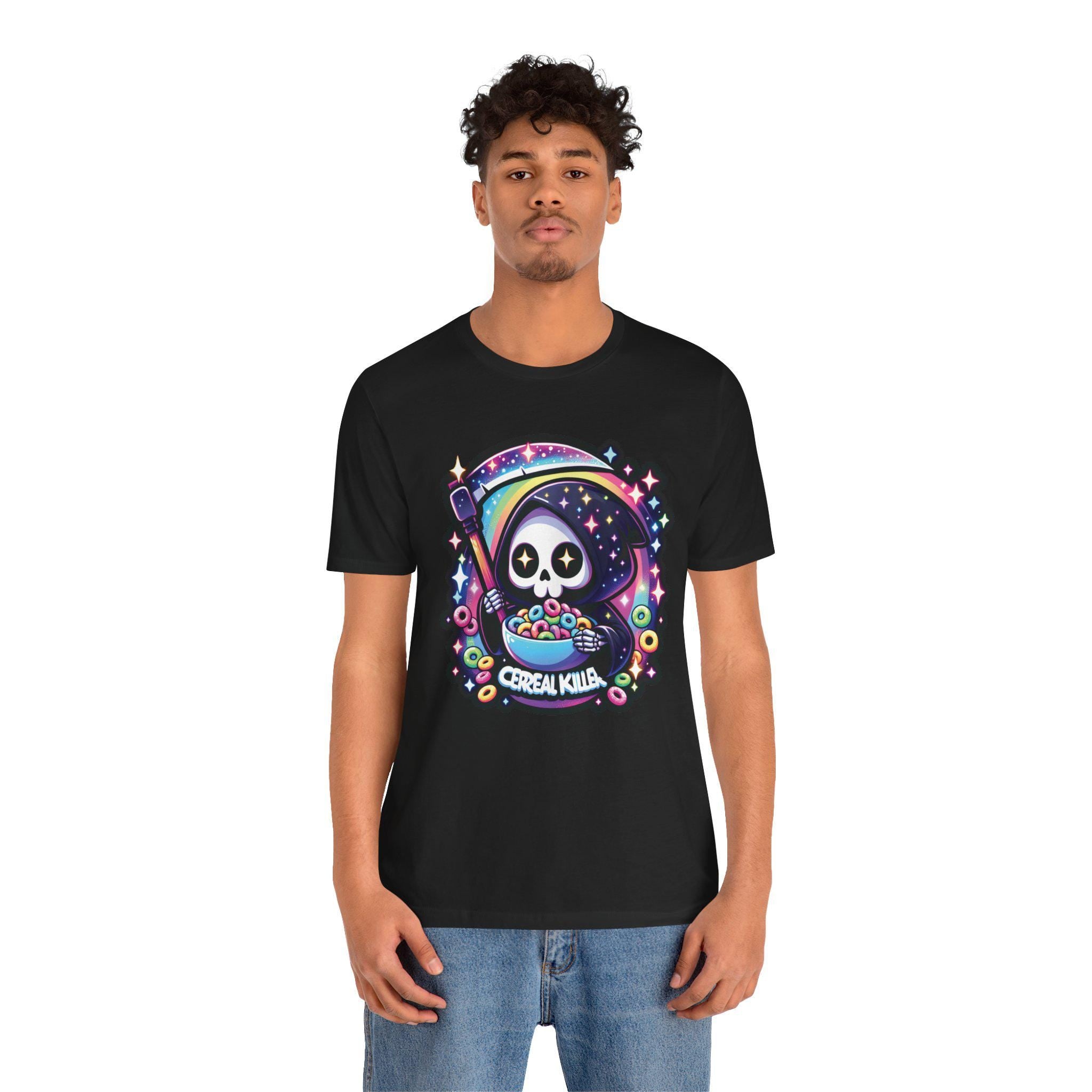 Kawaii Grim Reaper Cereal Killer Tee, Cute Cartoon Shirt, Skeleton Scythe Hoodie Top, Galaxy Stars, Rainbow Scythe T-shirt, Pastel Goth