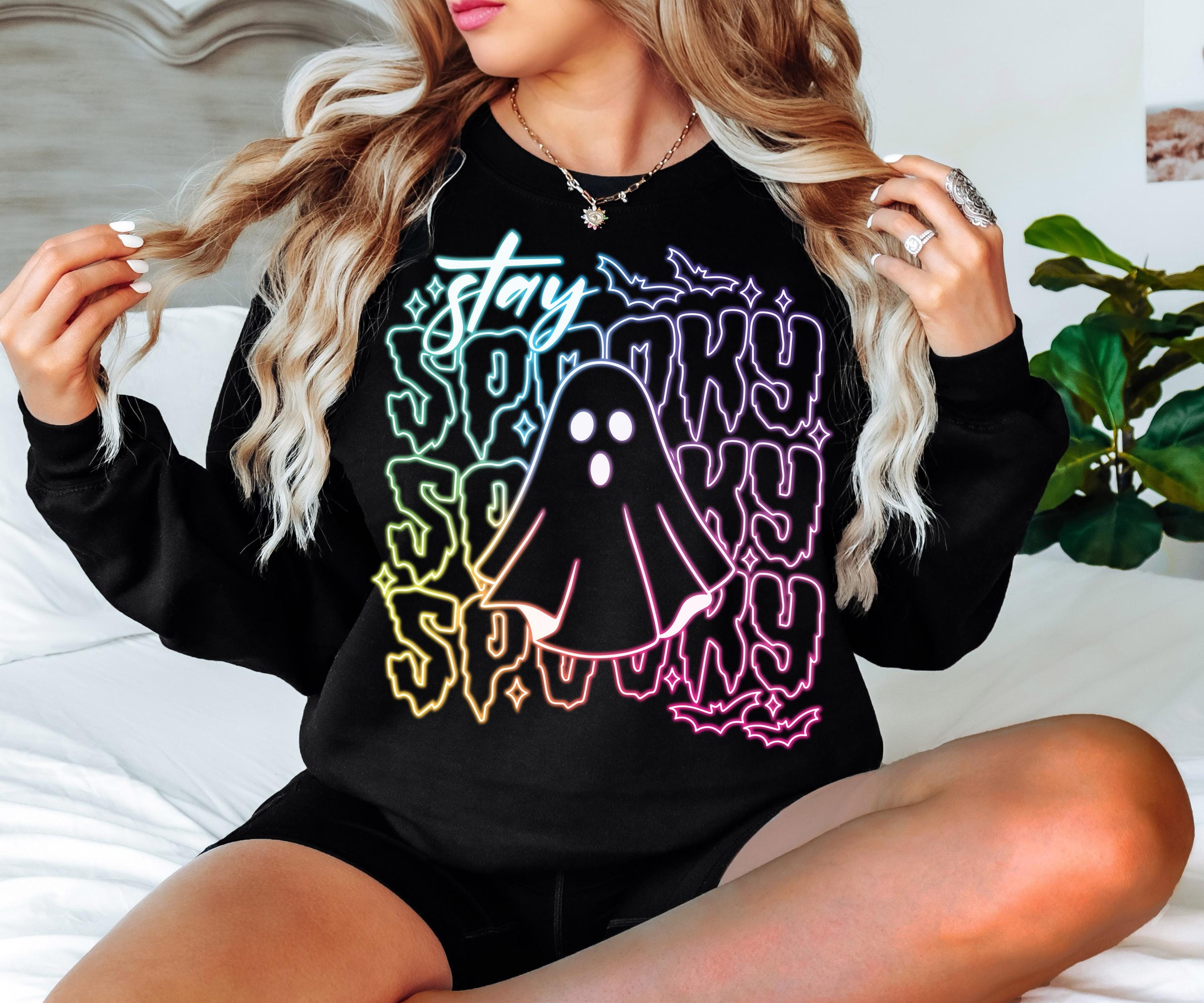 Neon Halloween Stay Spooky Sweatshirt Coquette Halloween Shirt Girly Halloween Sweatshirt Hoodie Spooky Ghost Halloween Shirt for Women