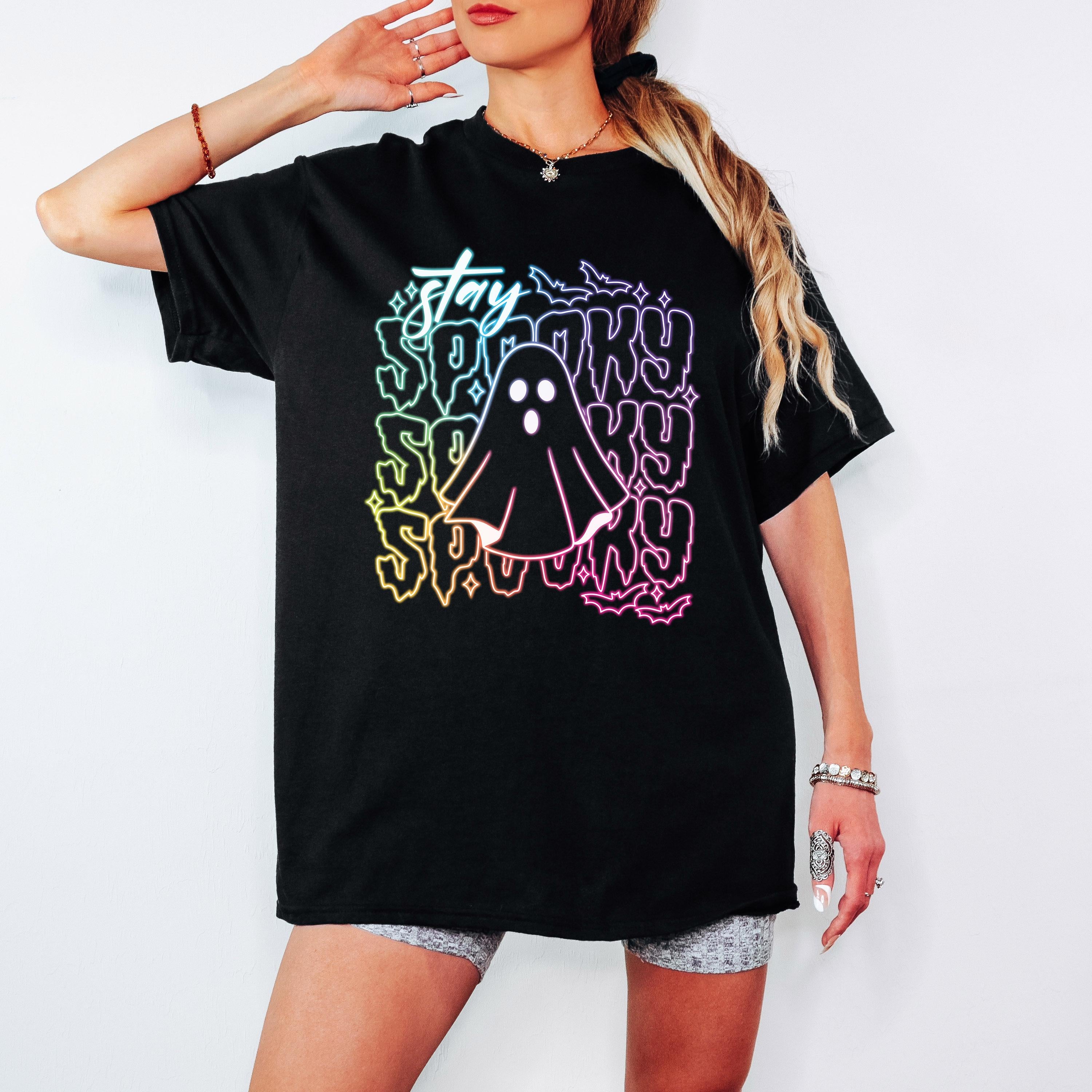 Neon Halloween Stay Spooky Sweatshirt Coquette Halloween Shirt Girly Halloween Sweatshirt Hoodie Spooky Ghost Halloween Shirt for Women