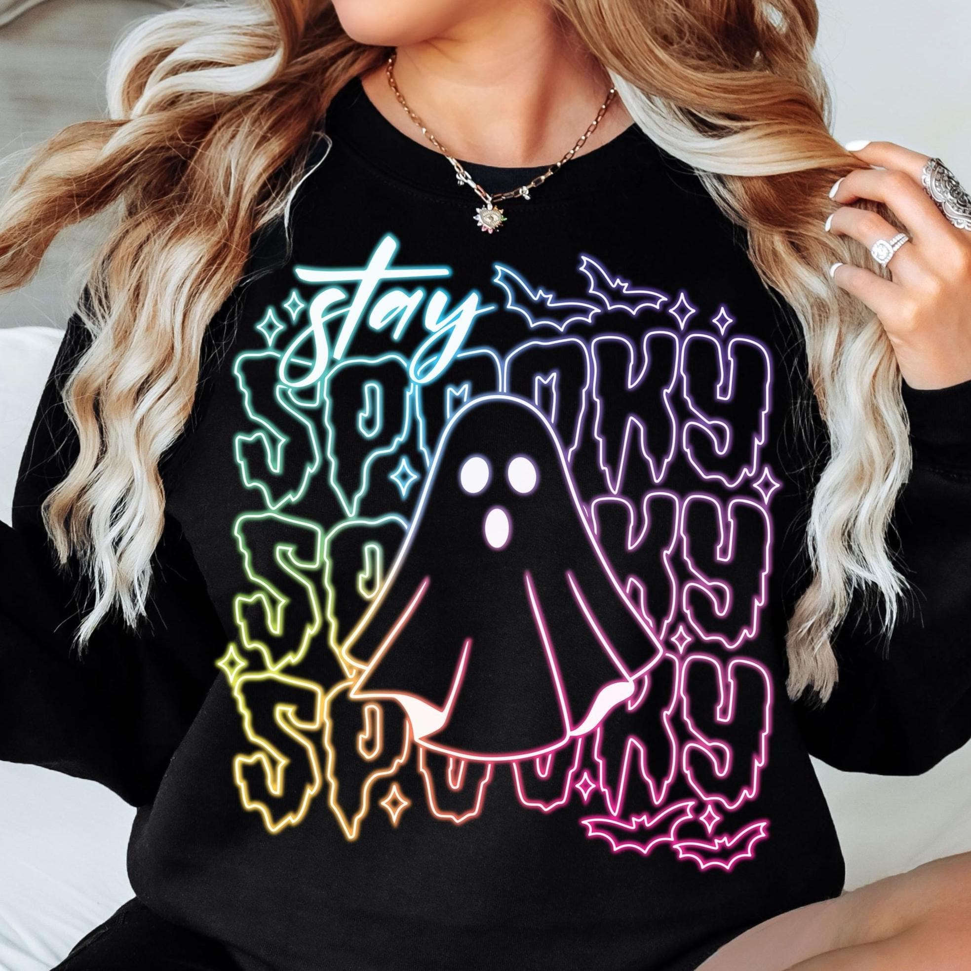 Neon Halloween Stay Spooky Sweatshirt Coquette Halloween Shirt Girly Halloween Sweatshirt Hoodie Spooky Ghost Halloween Shirt for Women