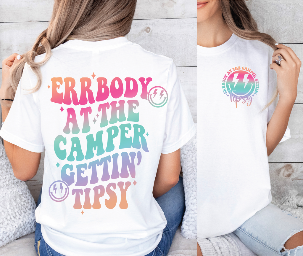 Errbody at the Camper Gettin' Tipsy Unisex Heavy Cotton Tee with Whimsical Camper Design, Fun Summer Vibe, Ideal for Camping Trips, Festivals, or Gifting